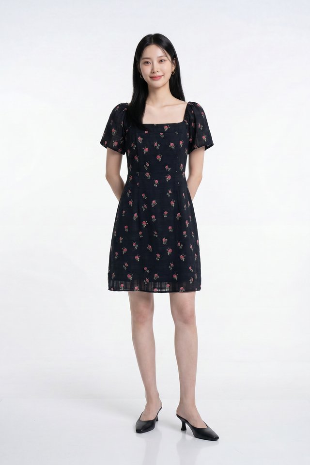 Lunox Textured Floral Dress in Black