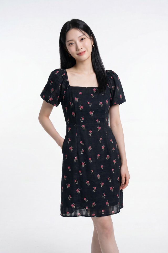 Lunox Textured Floral Dress in Black