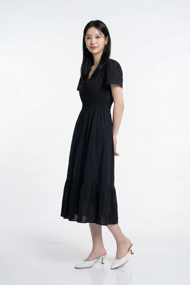 Melissa Smocked Waist Midi Dress in Black