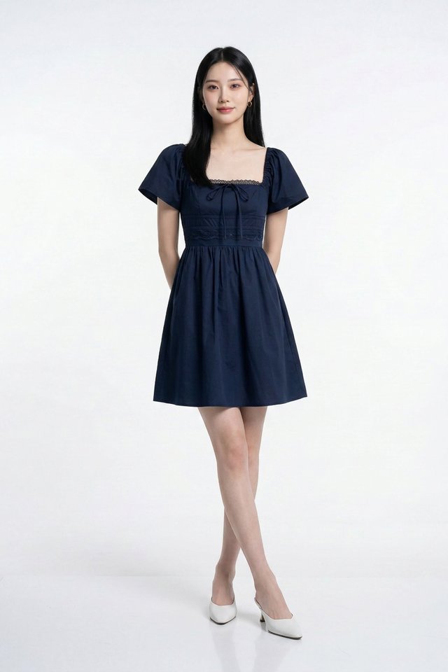 Anastasia Ribbon Lace Dress in Navy