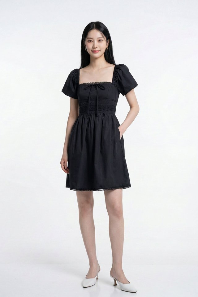 Anastasia Ribbon Lace Dress in Black