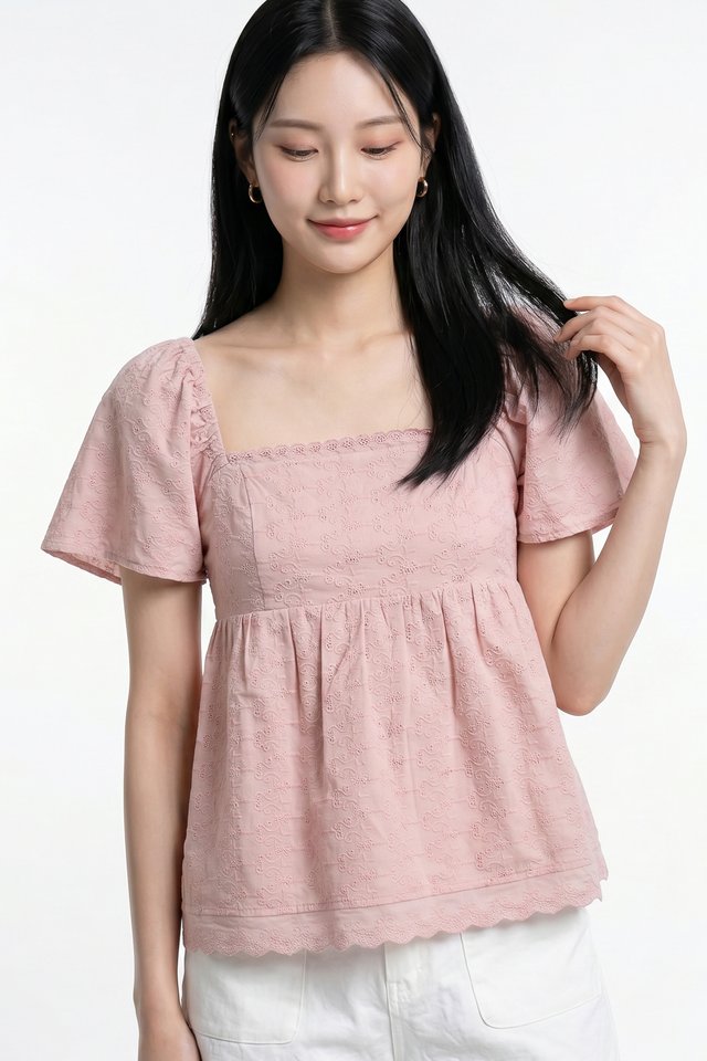 Mika Eyelet Babydoll Top in Powder Pink