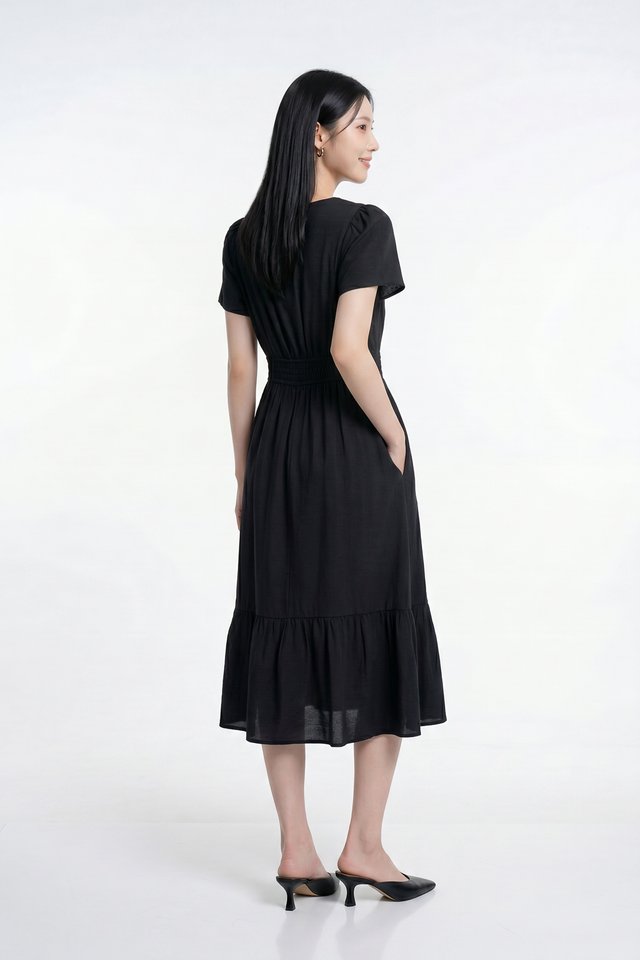 Melissa Smocked Waist Midi Dress in Black