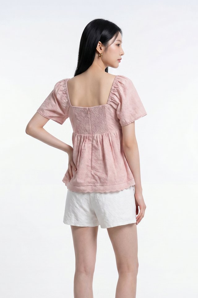 Mika Eyelet Babydoll Top in Powder Pink