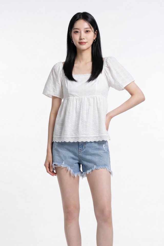 Mika Eyelet Babydoll Top in White