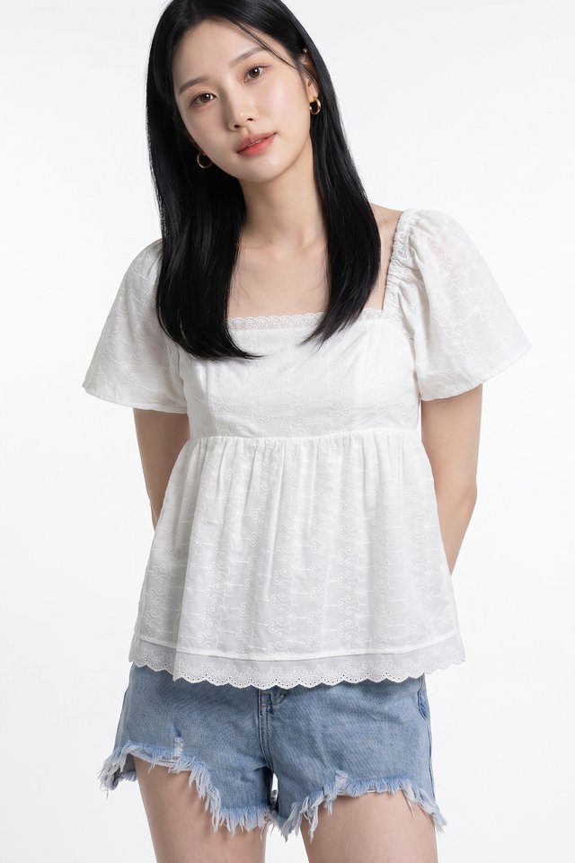Mika Eyelet Babydoll Top in White