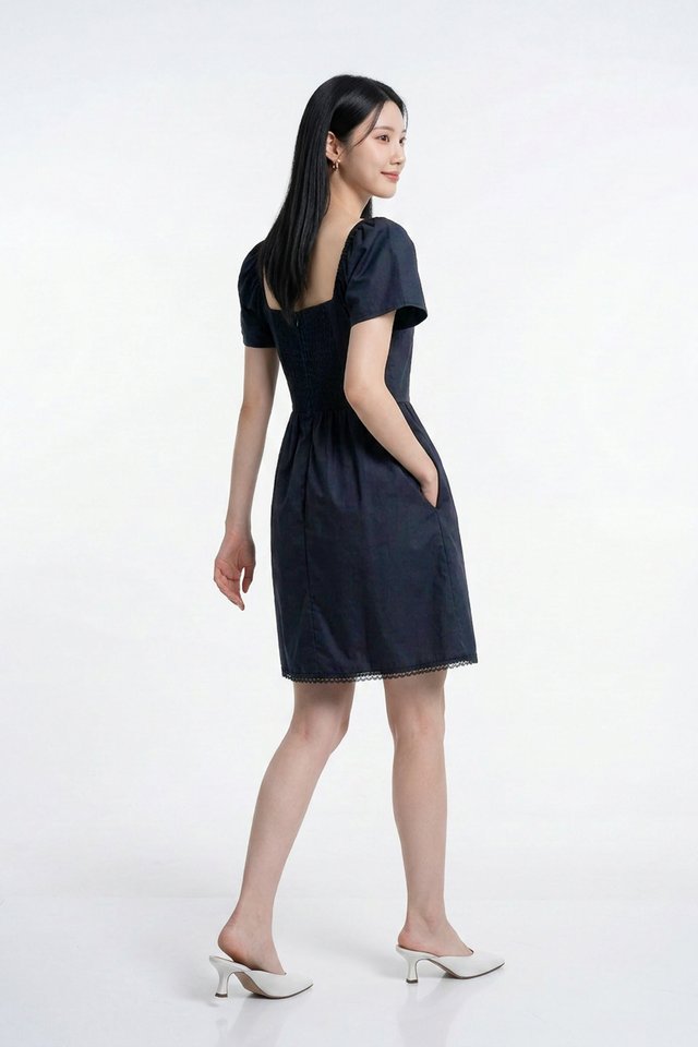 Anastasia Ribbon Lace Dress in Navy