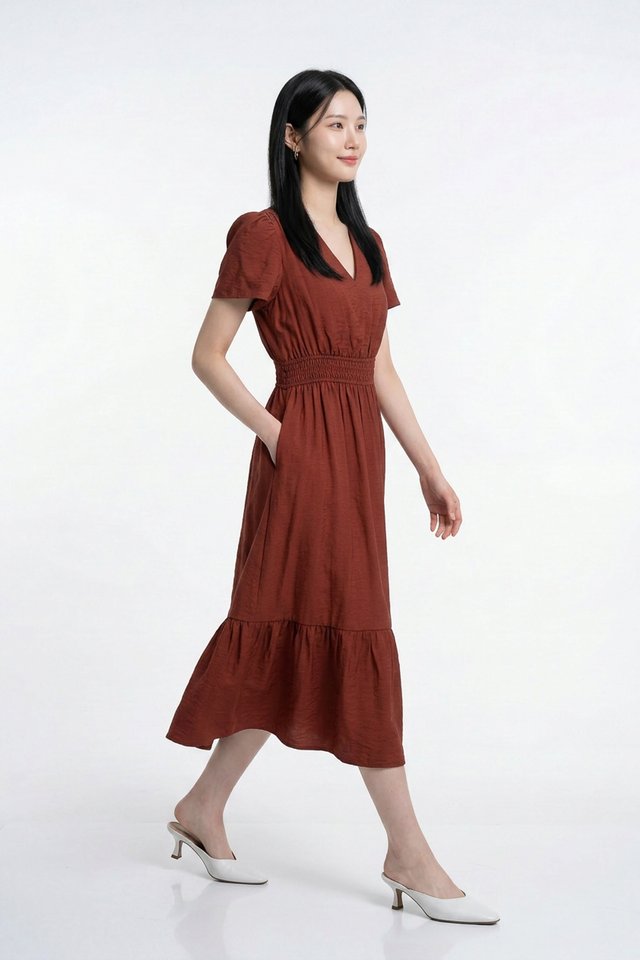 Melissa Smocked Waist Midi Dress in Brick
