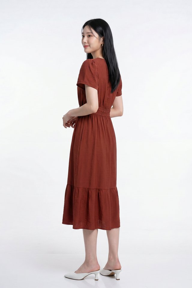 Melissa Smocked Waist Midi Dress in Brick