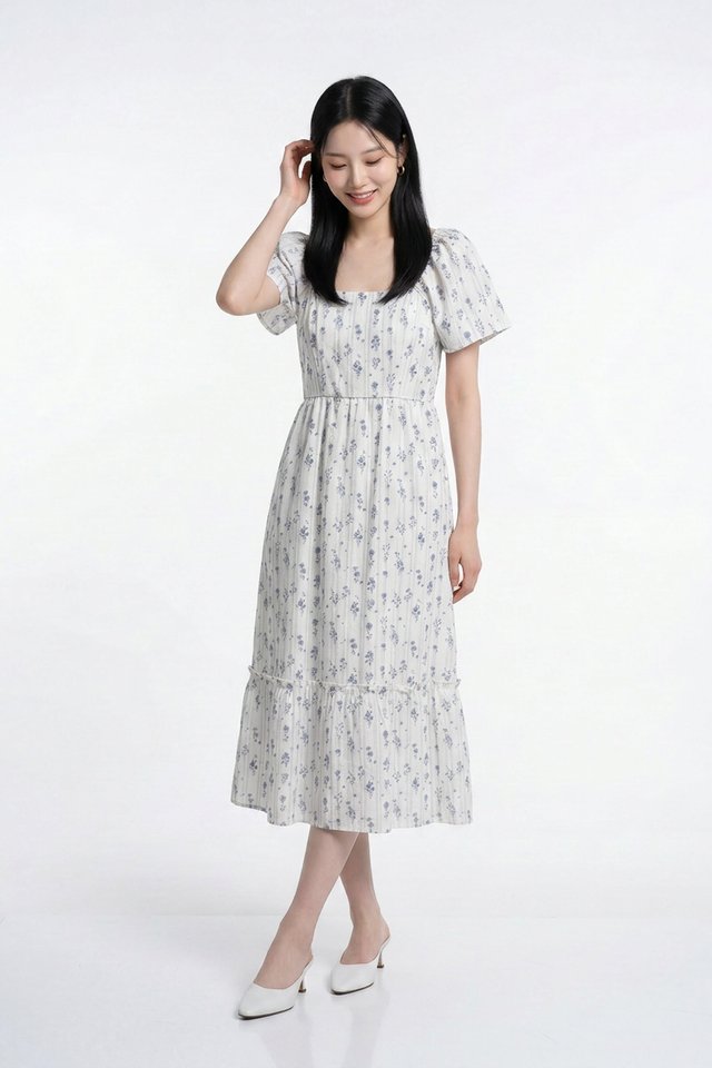 Kali Floral Ruffles Midi Dress in Blue