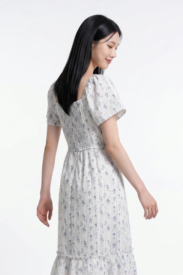 Kali Floral Ruffles Midi Dress in Blue
