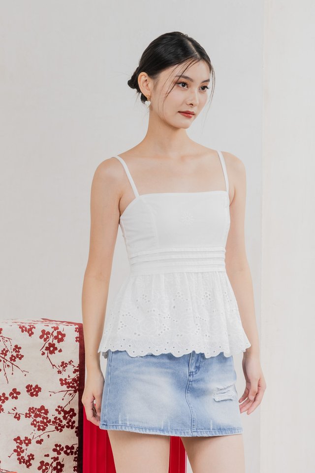 Juni Pleated Eyelet Camisole Top In White