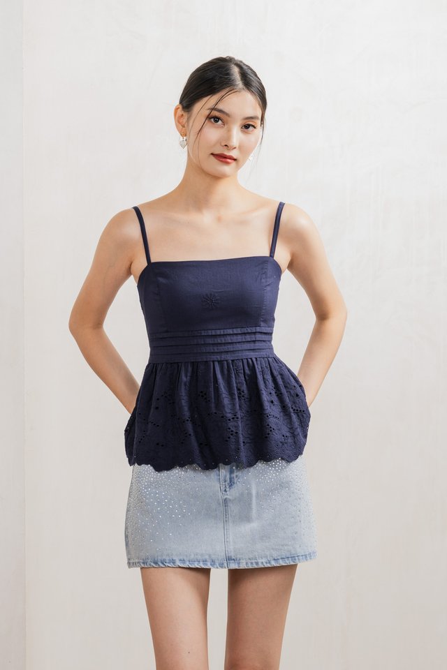 Juni Pleated Eyelet Camisole Top In Navy