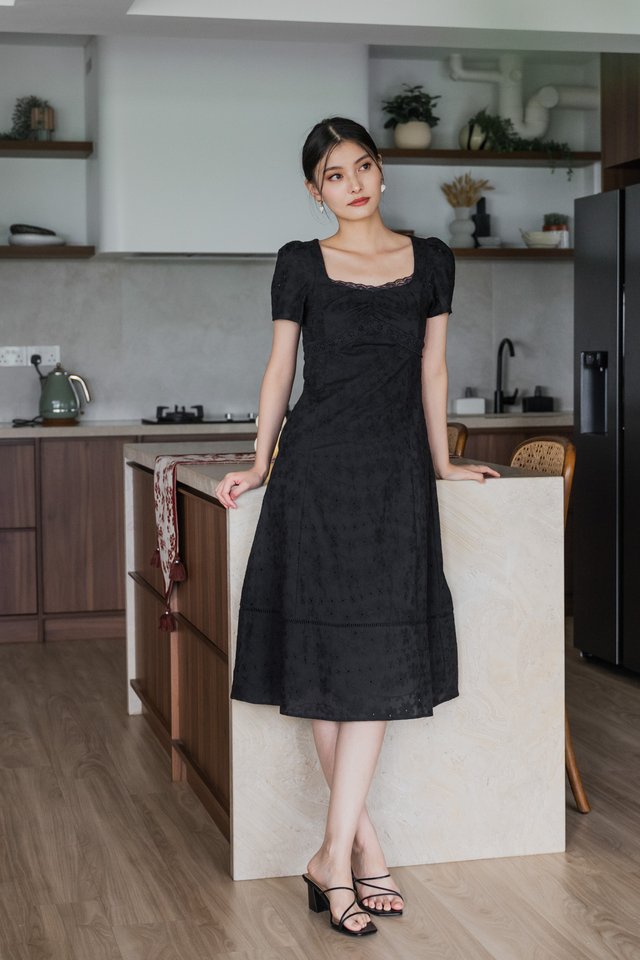 Elora Eyelet Crochet Midi Dress In Black