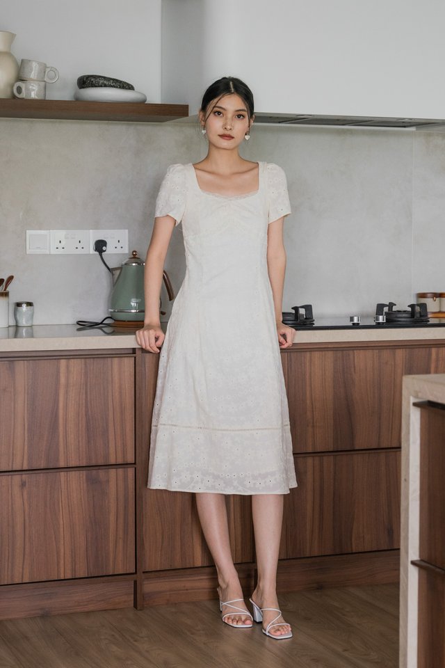 Elora Eyelet Crochet Midi Dress In Cream