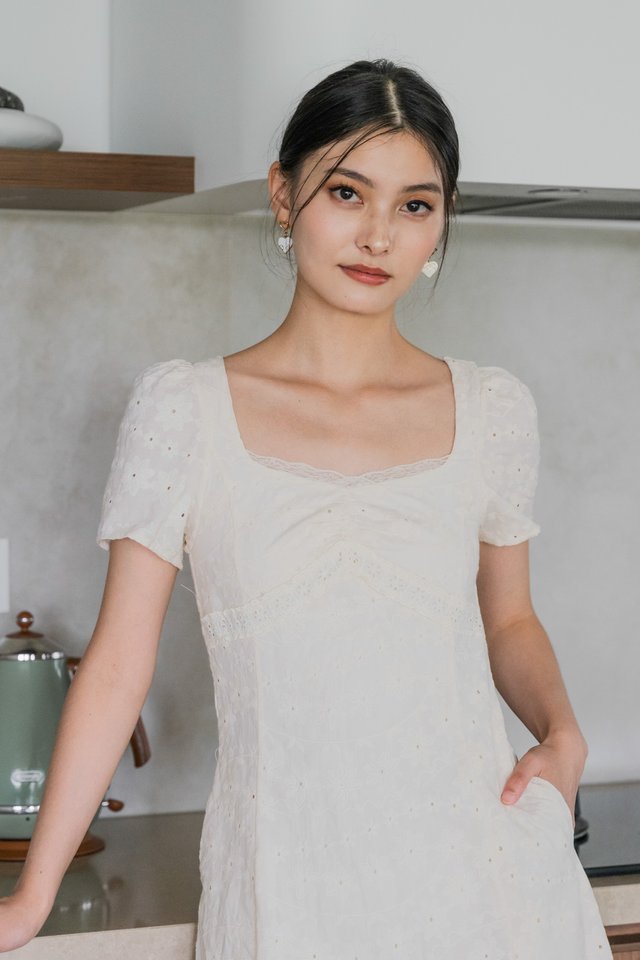 Elora Eyelet Crochet Midi Dress In Cream
