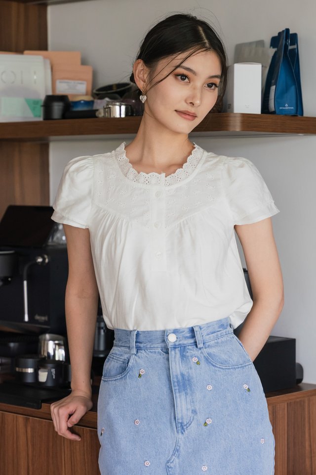 Phoebe Mixed Fabric Button Top In White