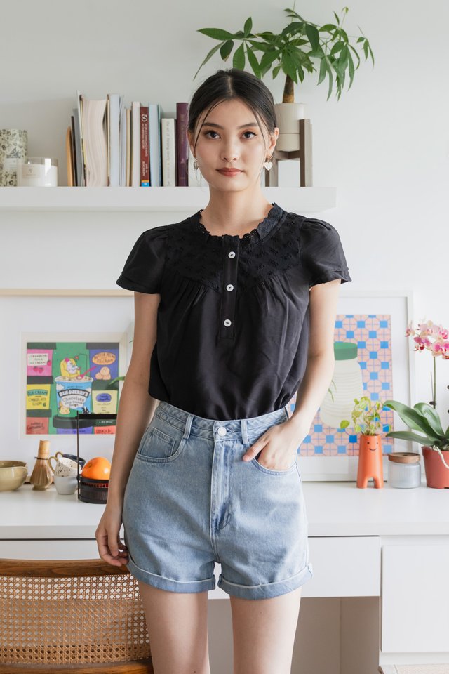 Phoebe Mixed Fabric Button Top In Black
