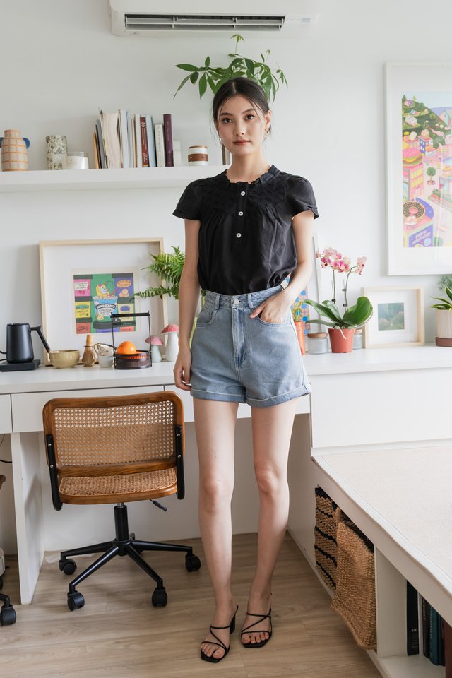 Phoebe Mixed Fabric Button Top In Black