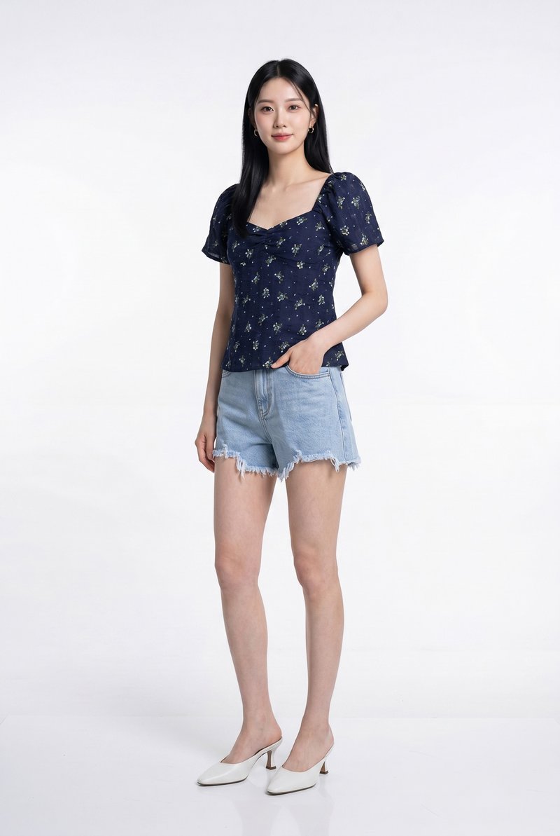 Kane Textured Sweetheart Floral Top In Navy