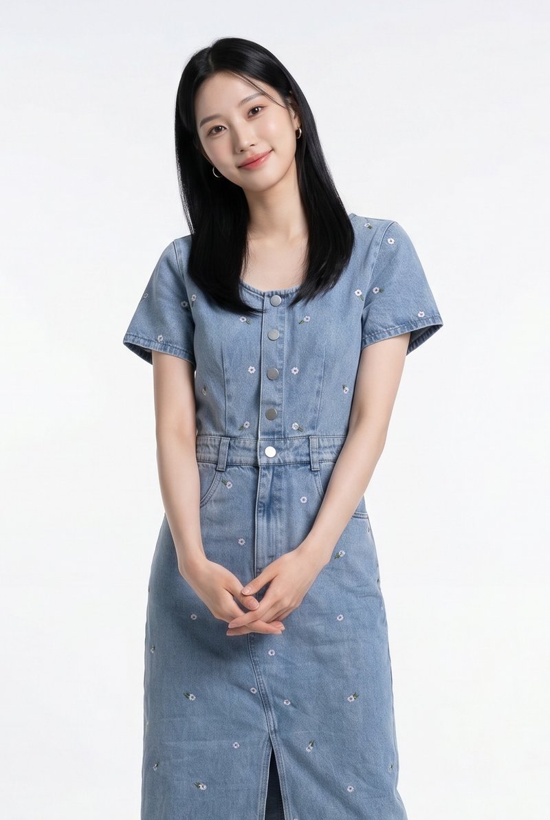 Kimmy Denim Button Embroidery Midi Dress In Light Wash