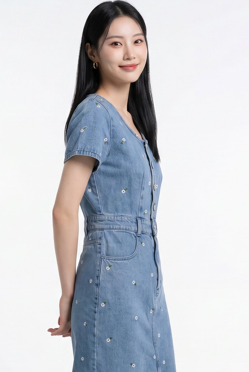 Kimmy Denim Button Embroidery Midi Dress In Light Wash
