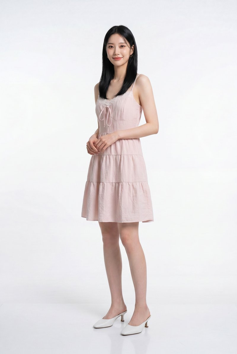 Yuki Crochet Camisole Tiered Dress In Soft Pink