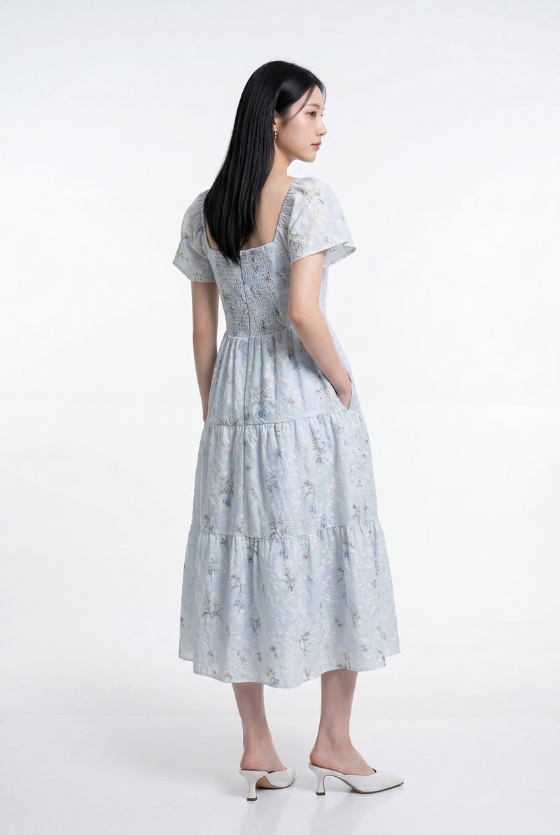 Aaira Embroidery Ruched Tiered Midi Dress In Light Blue (XS)