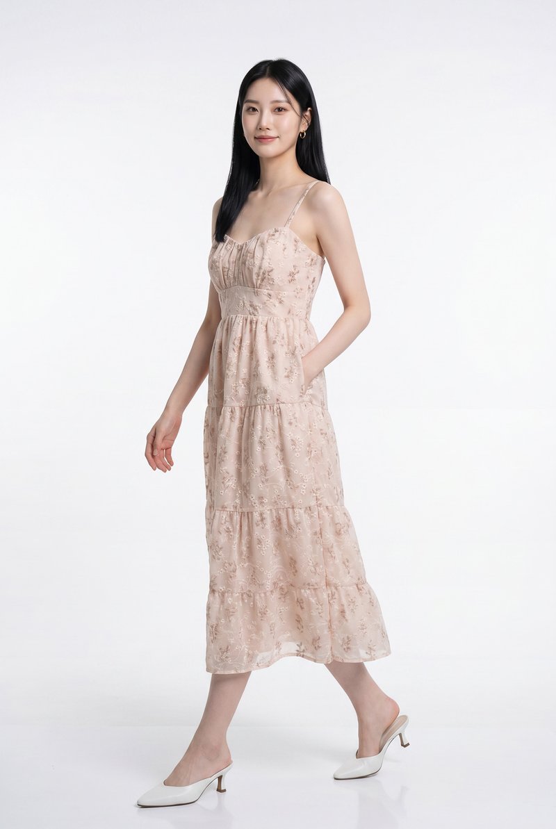 Martha Embroidery Camisole Floral Tiered Midi Dress In Blush