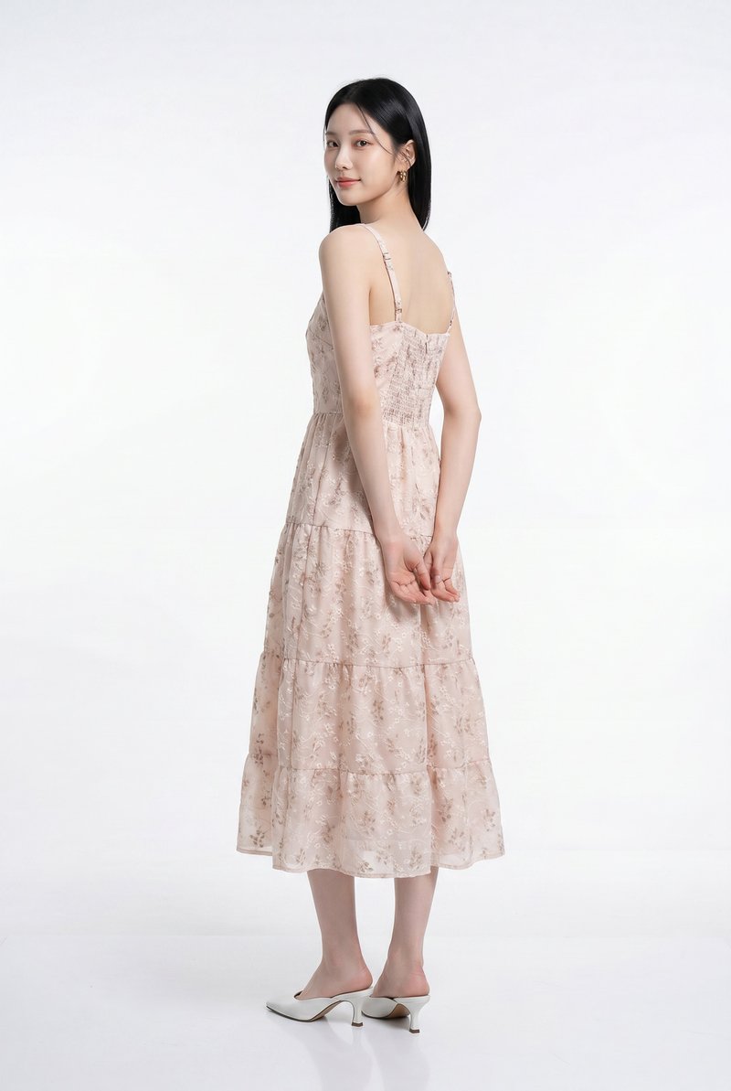 Martha Embroidery Camisole Floral Tiered Midi Dress In Blush