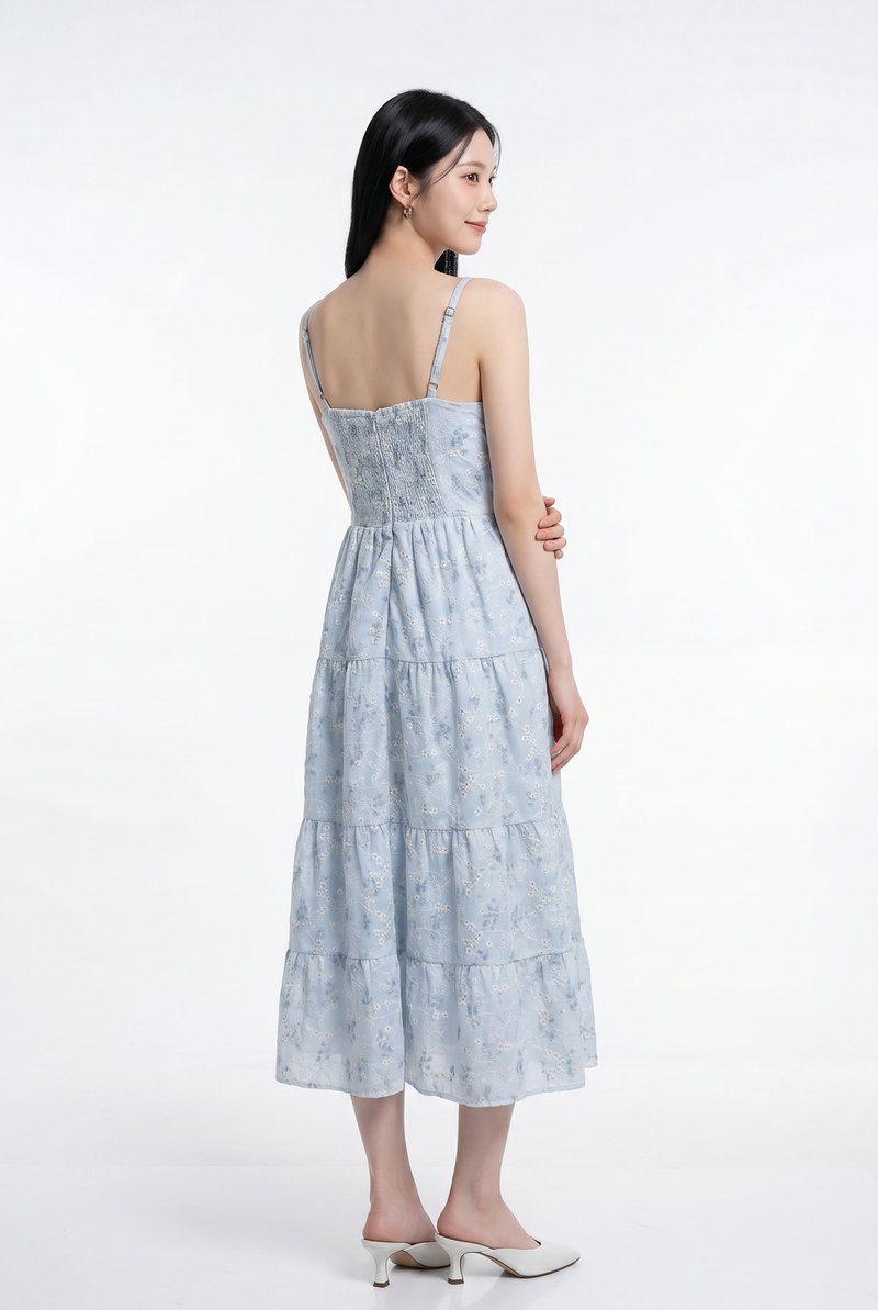 Martha Embroidery Camisole Floral Tiered Midi Dress In Soft Blue