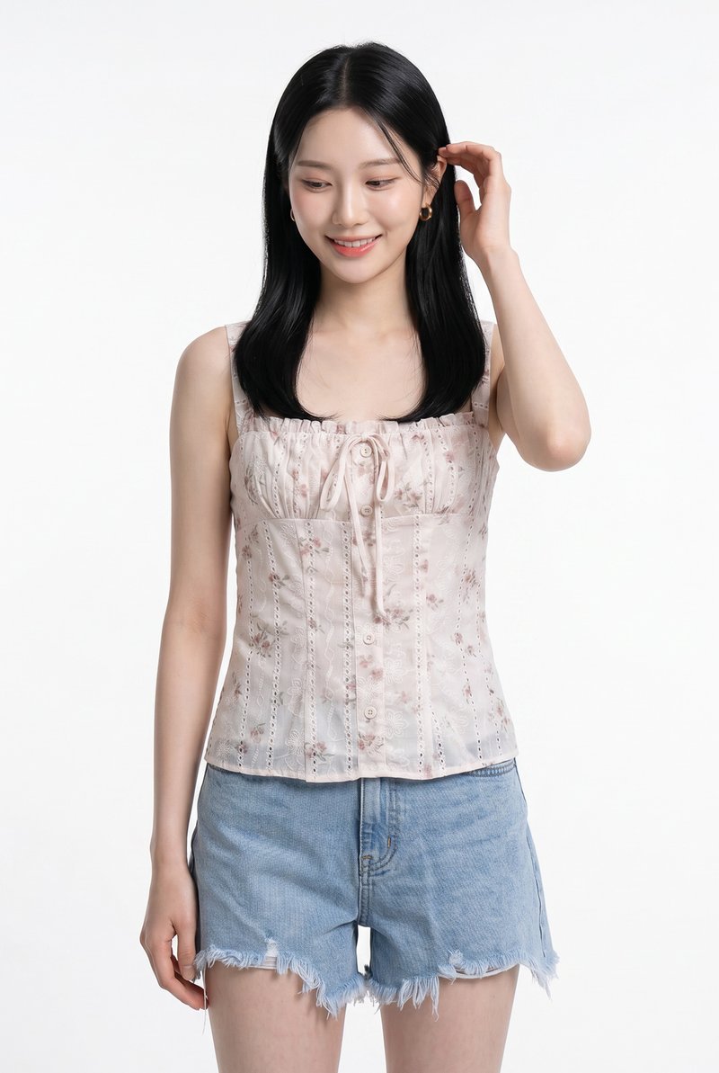 Santuary Fleur Ruched Embroidered Button Top In Pink