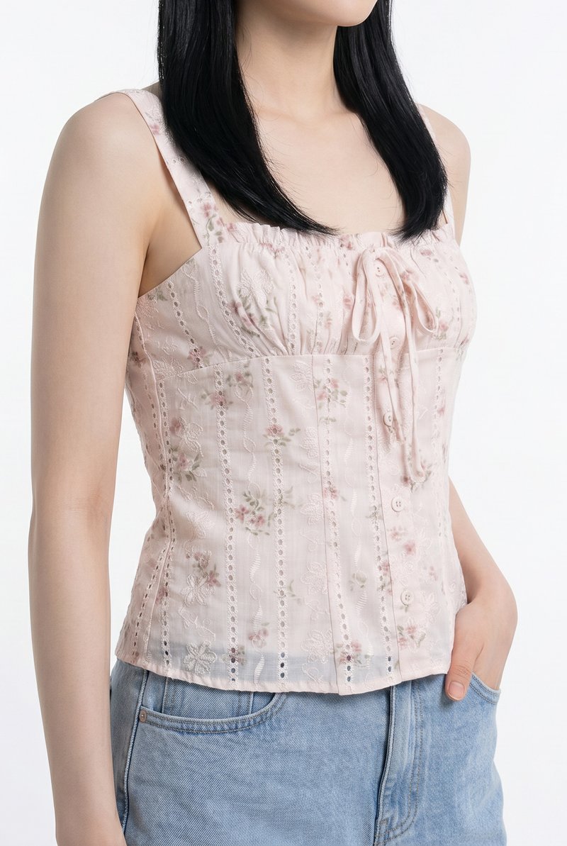 Santuary Fleur Ruched Embroidered Button Top In Pink