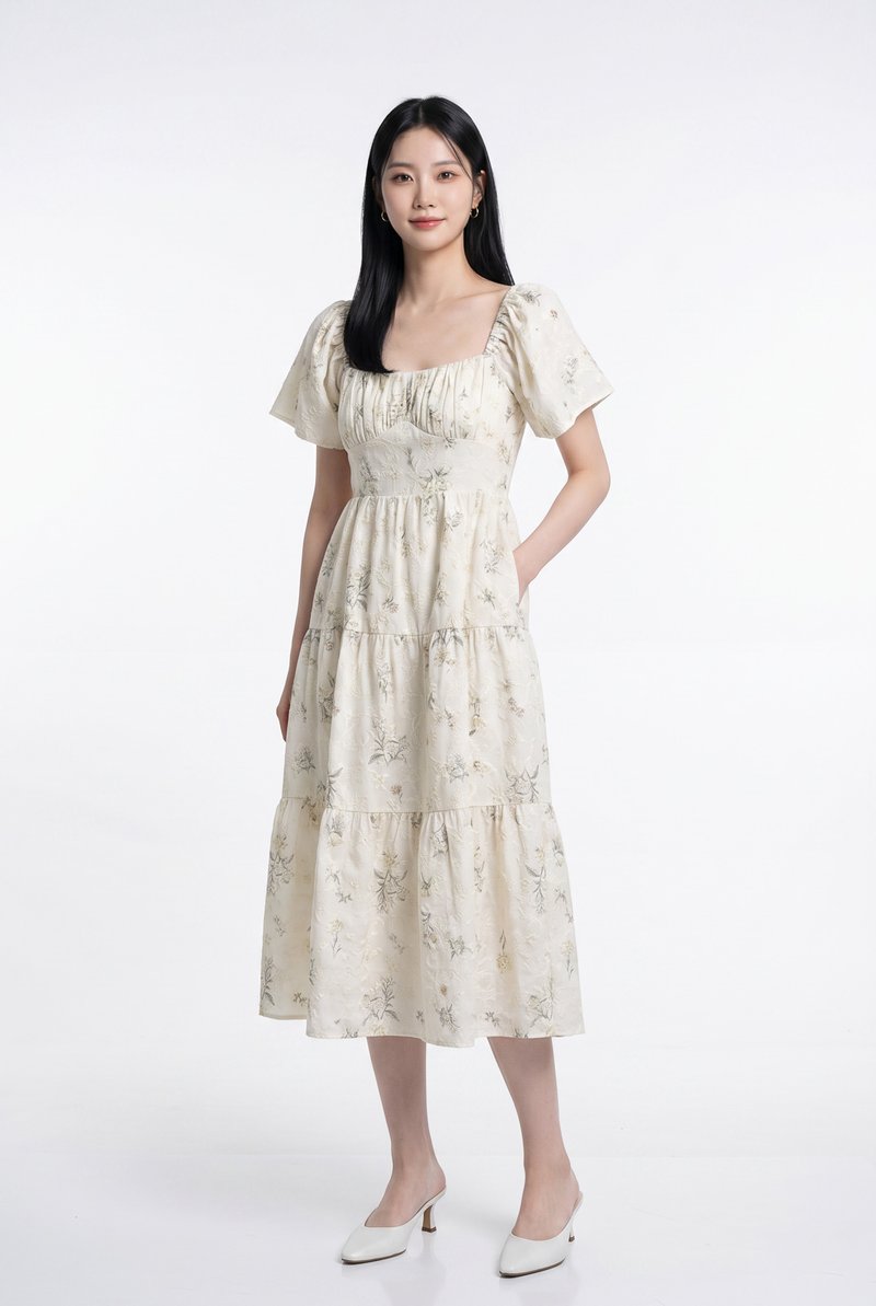 Aaira Embroidery Ruched Tiered Midi Dress In Cream
