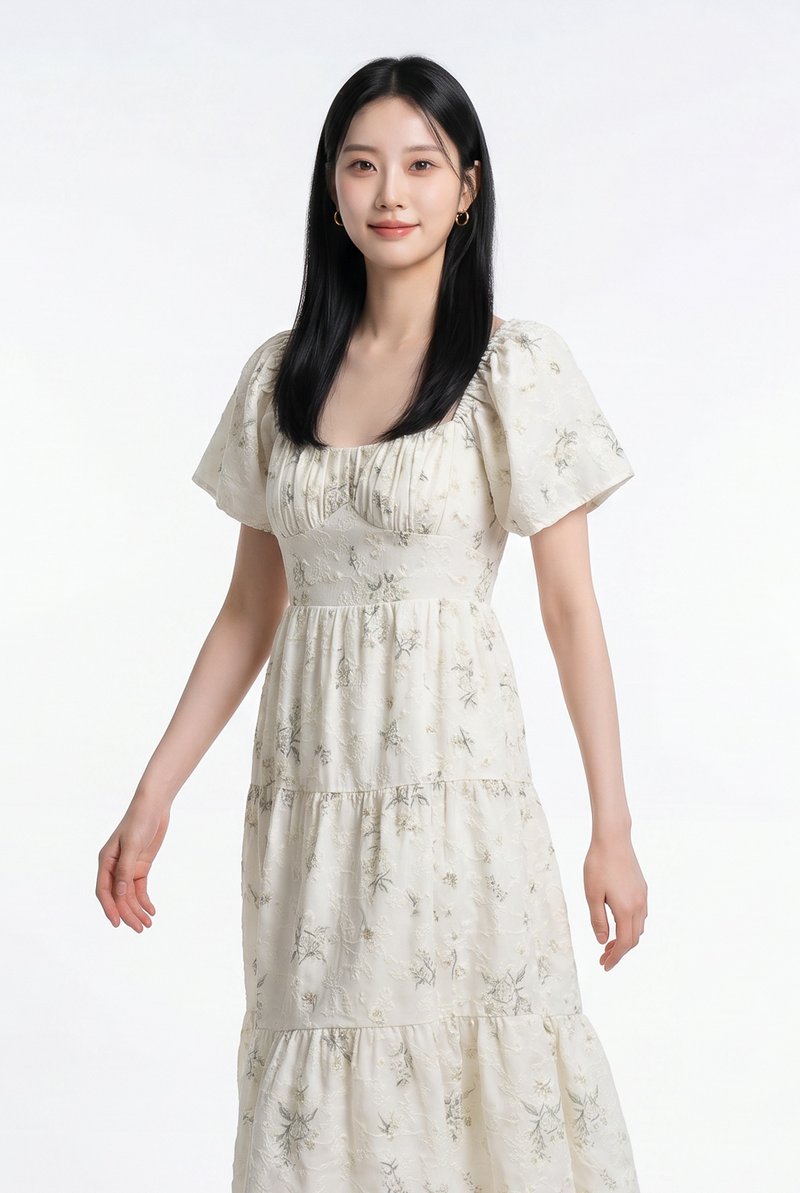 Aaira Embroidery Ruched Tiered Midi Dress In Cream