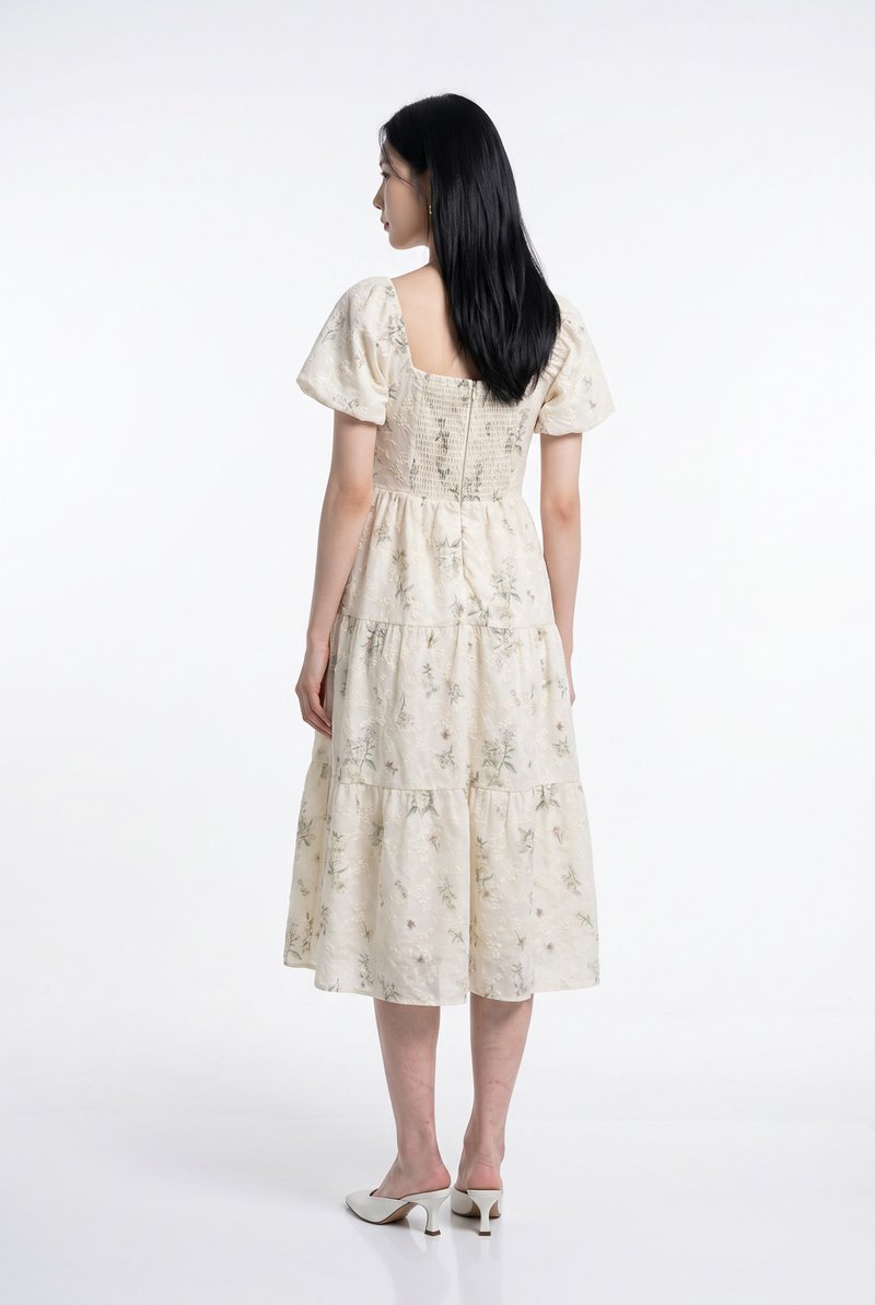 Aaira Embroidery Ruched Tiered Midi Dress In Cream