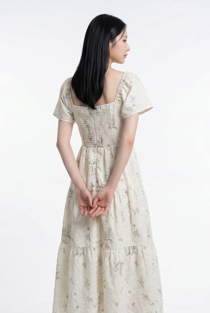Aaira Embroidery Ruched Tiered Midi Dress In Cream