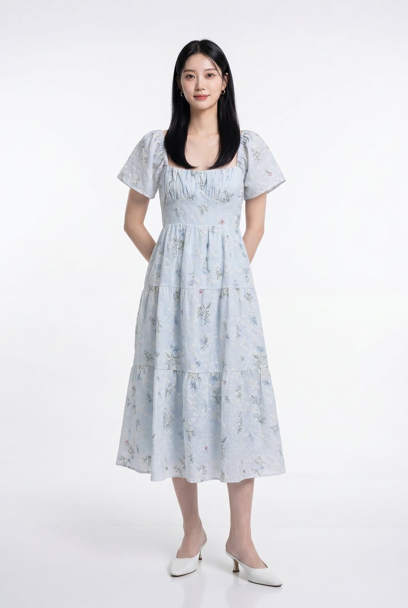 Aaira Embroidery Ruched Tiered Midi Dress In Light Blue (XS)