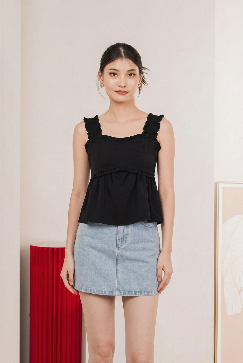 Xyla Eyelet Floral Ruffles Top In Black