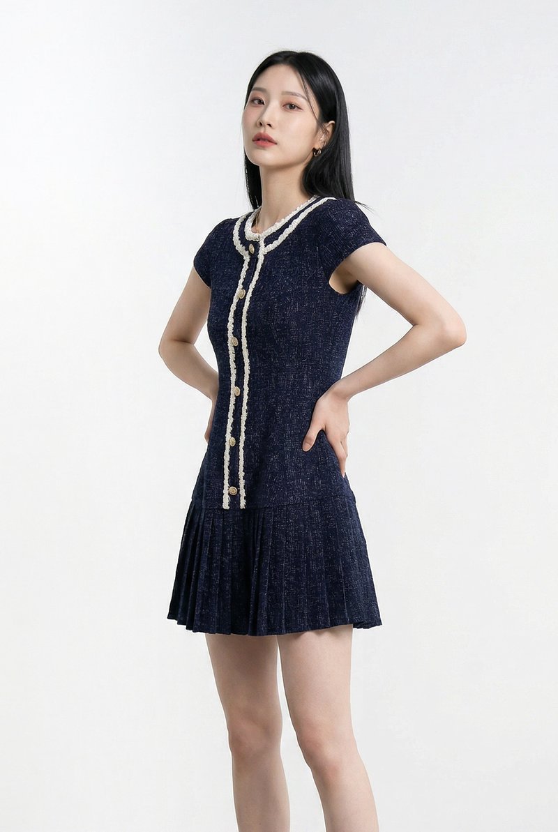 Lucia Tweed Pleated Button Dress In Navy