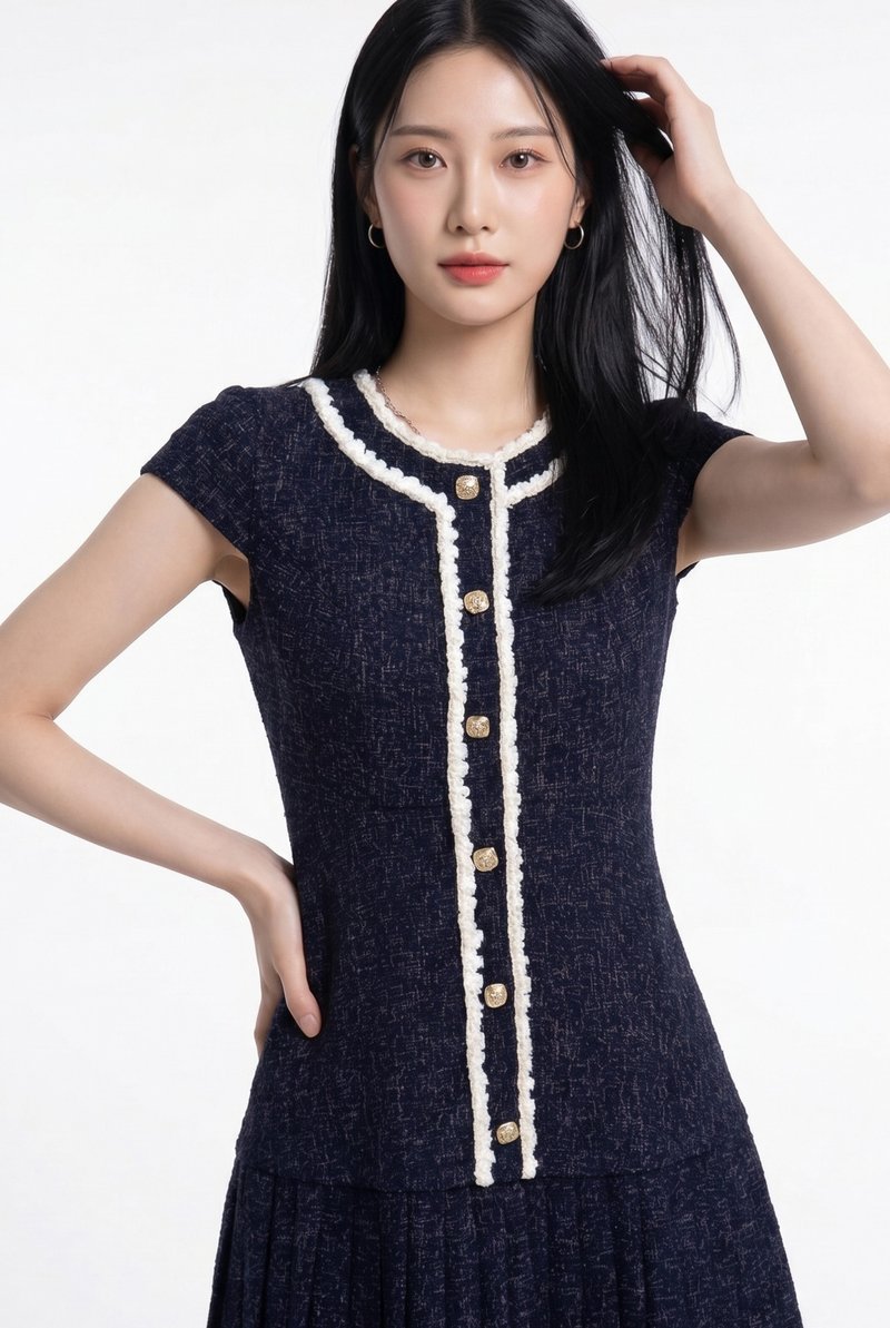 Lucia Tweed Pleated Button Dress In Navy
