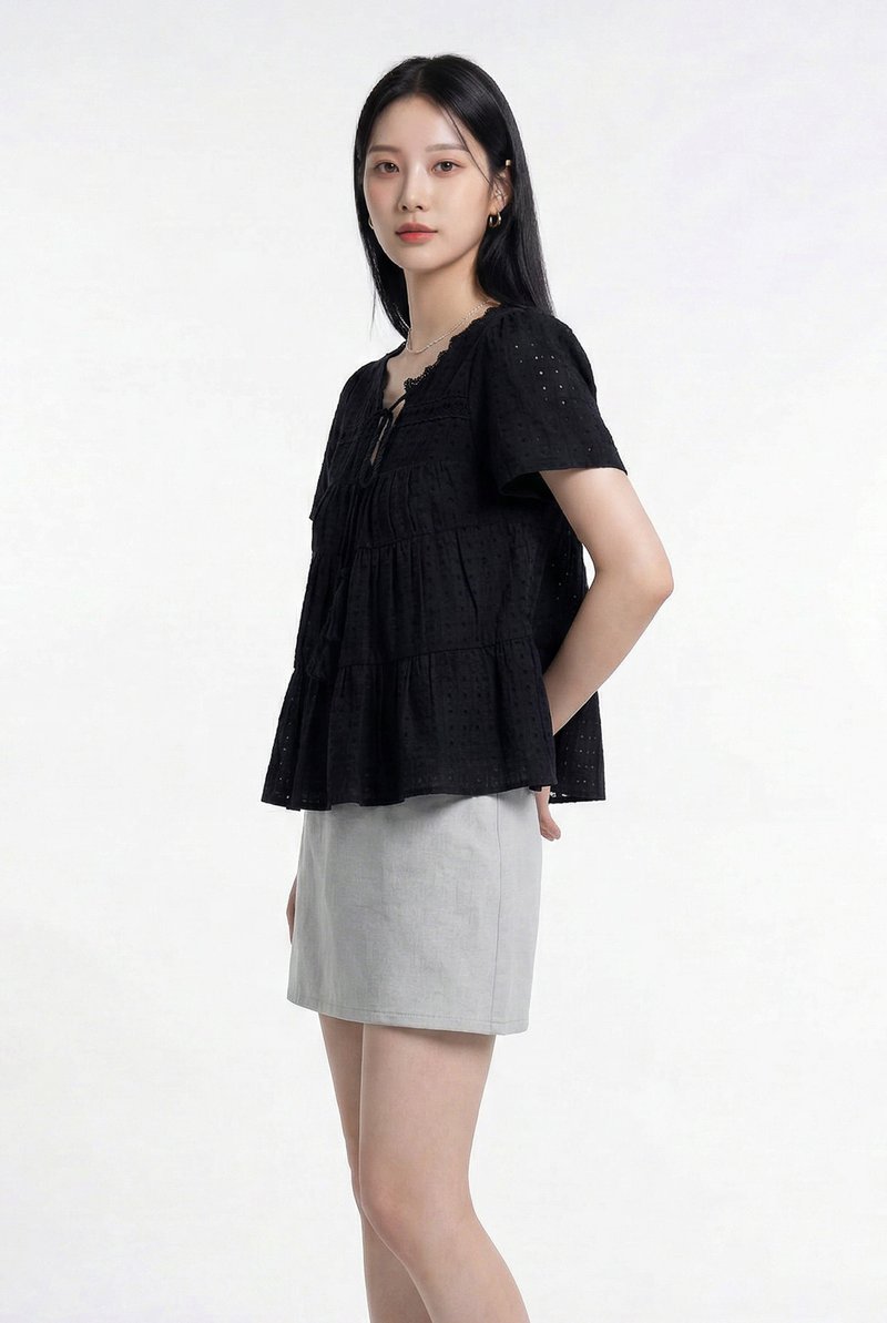 Tora Swiss Dots Cotton Tassel Top In Black