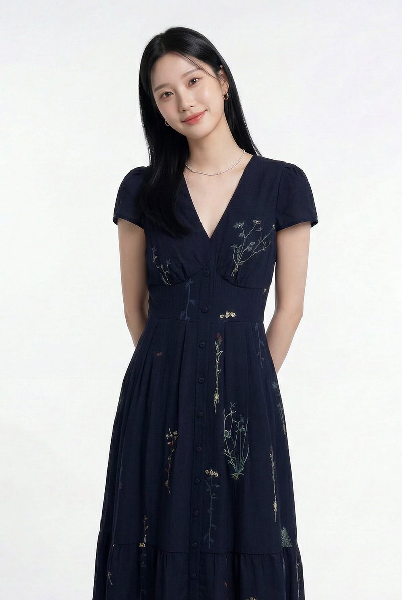 Bennet Floral Button Midi Dress In Navy