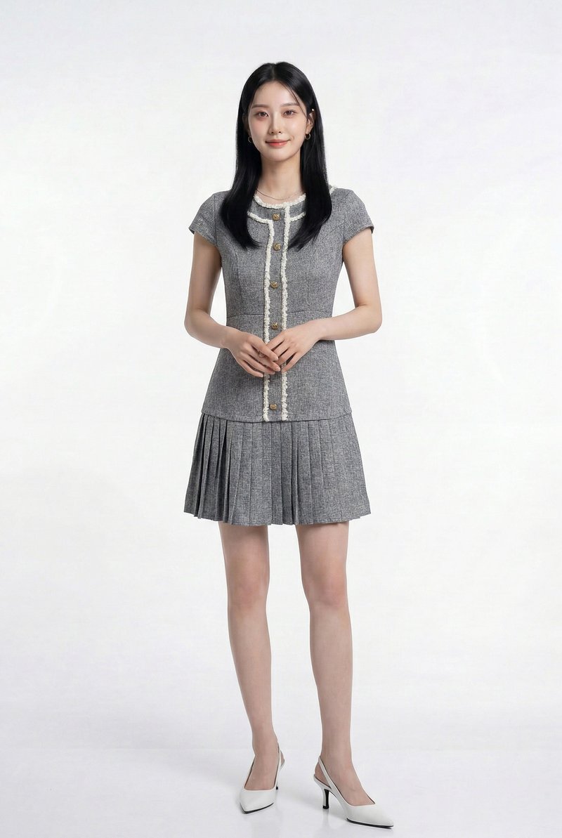 Lucia Tweed Pleated Button Dress In Grey