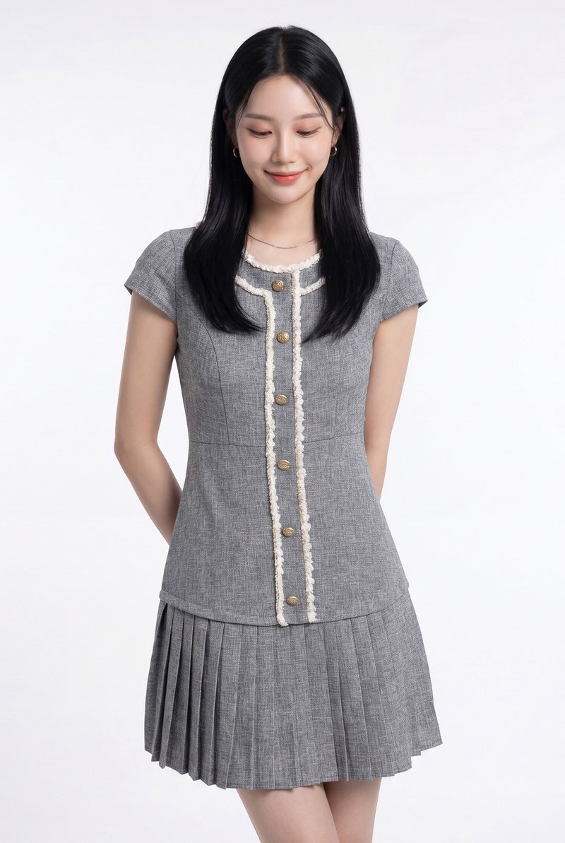 Lucia Tweed Pleated Button Dress In Grey