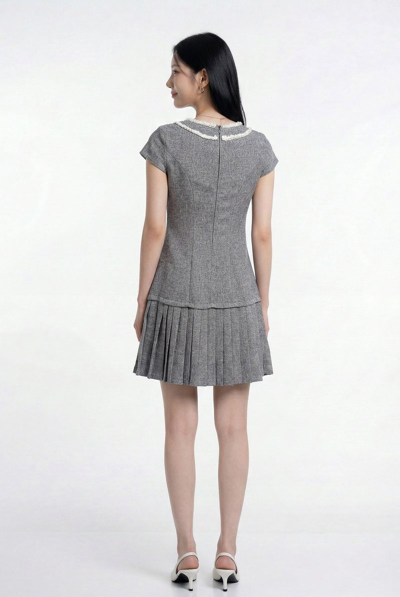Lucia Tweed Pleated Button Dress In Grey