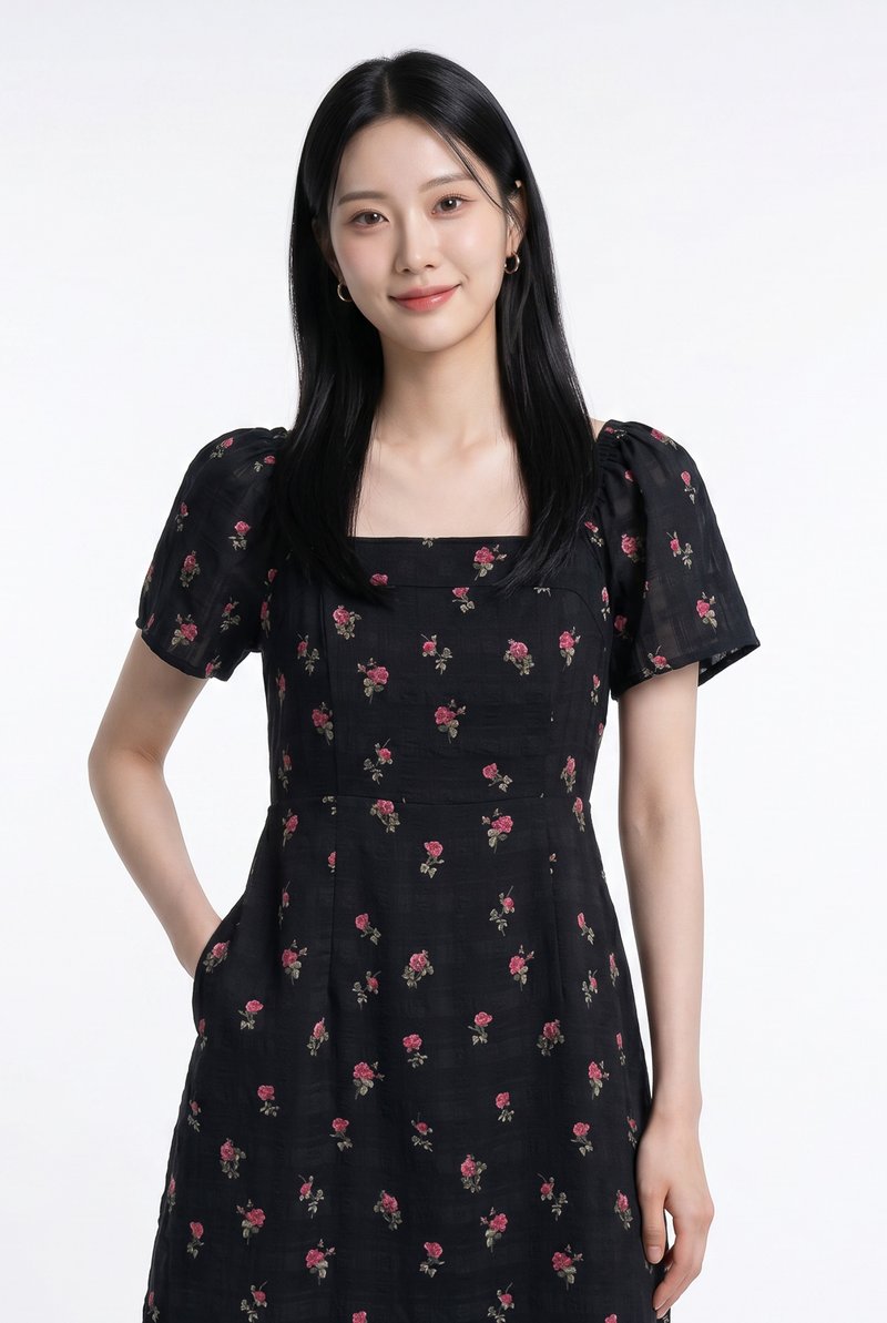 Lunox Textured Floral Dress in Black