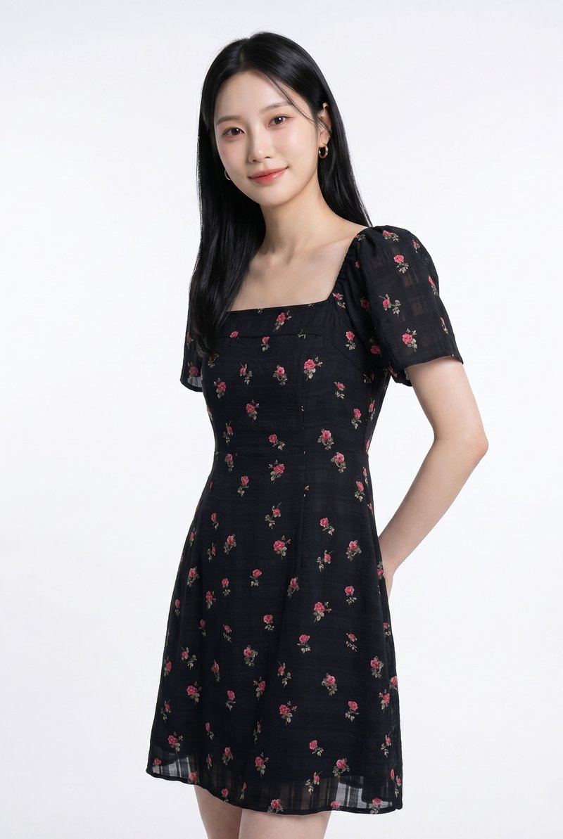 Lunox Textured Floral Dress in Black