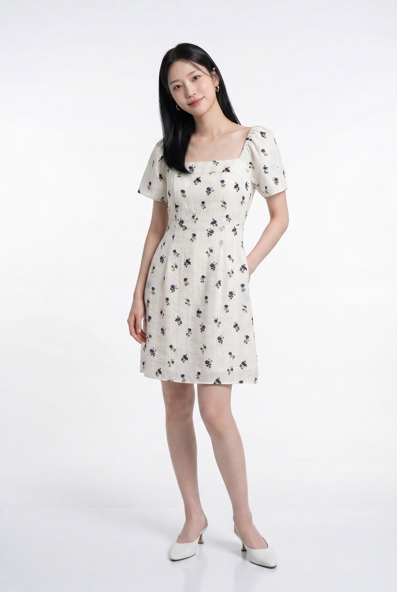 Lunox Textured Floral Dress in Cream