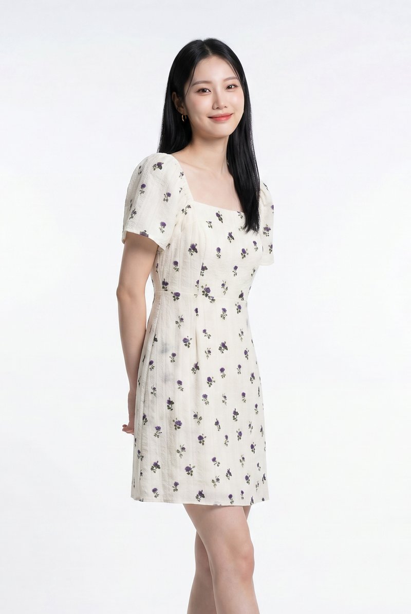 Lunox Textured Floral Dress in Cream